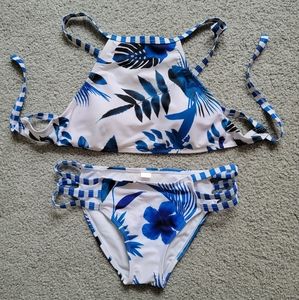 H&M Striped Blue White Tropical Triangle Top Padded Bra Bikini Set Womens Size M